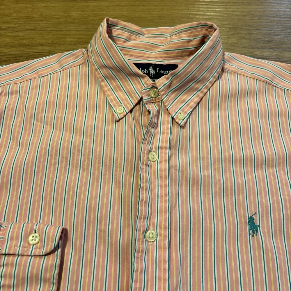 Polo Ralph Lauren Classic Fit MENS LARGE Button Up Shirt Pony Pink Blue Stripes